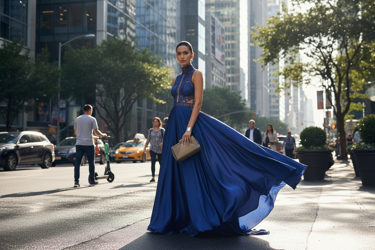 gere a imagem de uma mulher vestida em um vestido em hambinte urbano